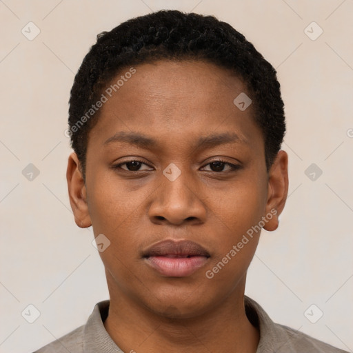 Neutral black young-adult female with short  black hair and brown eyes