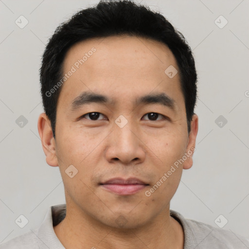 Neutral asian young-adult male with short  black hair and brown eyes