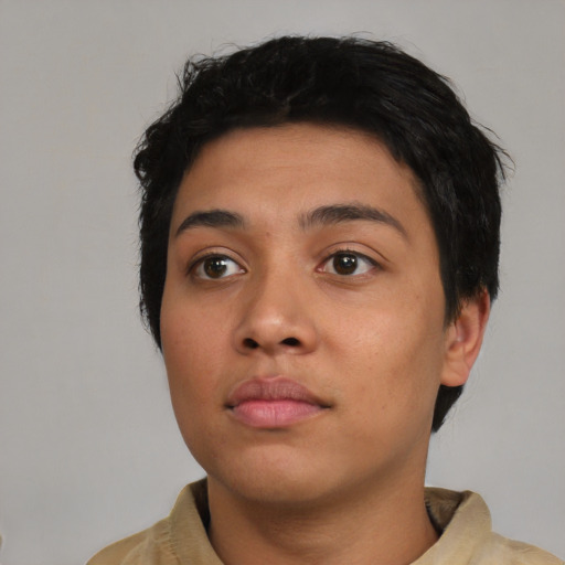 Neutral asian young-adult female with short  black hair and brown eyes