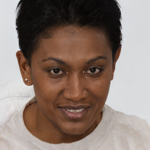 Joyful black young-adult female with short  brown hair and brown eyes