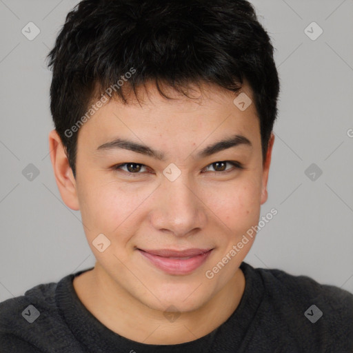 Joyful asian young-adult male with short  brown hair and brown eyes