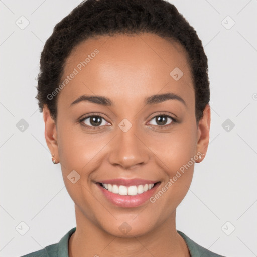 Joyful white young-adult female with short  brown hair and brown eyes