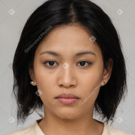 Neutral asian young-adult female with medium  black hair and brown eyes