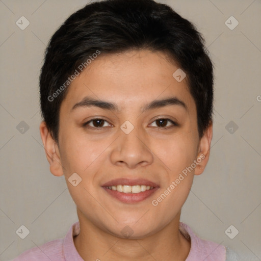 Joyful white young-adult female with short  brown hair and brown eyes