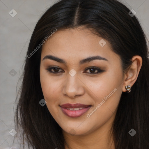 Joyful asian young-adult female with long  brown hair and brown eyes