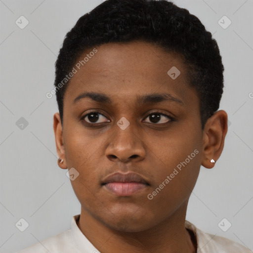 Neutral black young-adult female with short  black hair and brown eyes