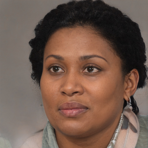 Joyful black adult female with short  brown hair and brown eyes