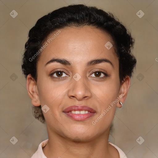 Joyful latino young-adult female with short  brown hair and brown eyes