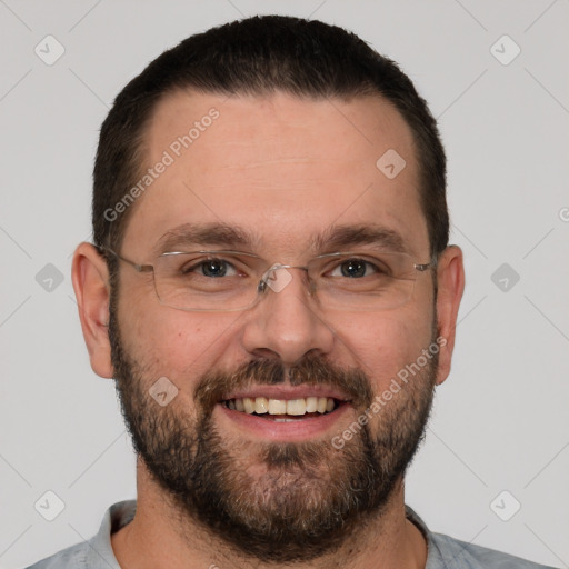 Joyful white adult male with short  brown hair and grey eyes