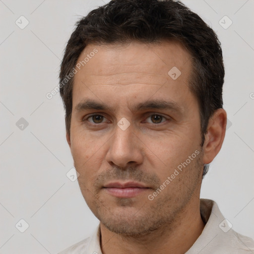 Neutral white adult male with short  brown hair and brown eyes