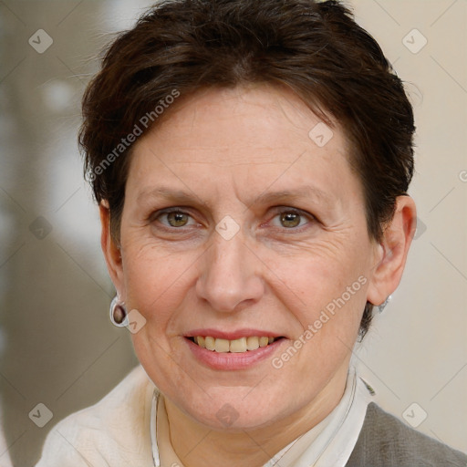 Joyful white adult female with short  brown hair and brown eyes