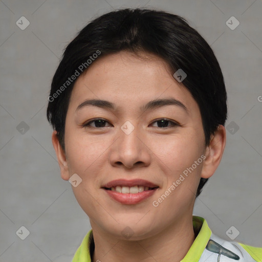 Joyful asian young-adult female with short  brown hair and brown eyes