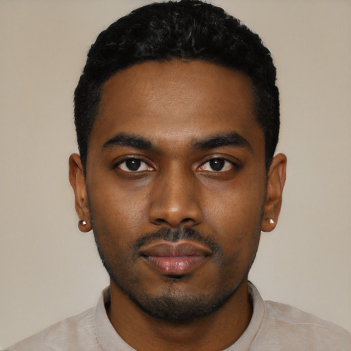 Neutral black young-adult male with short  black hair and brown eyes