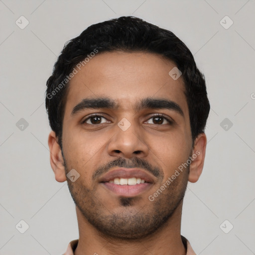 Neutral latino young-adult male with short  black hair and brown eyes