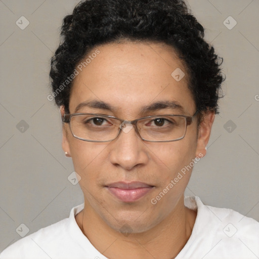 Joyful white adult female with short  brown hair and brown eyes