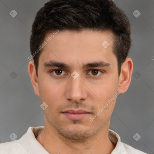 Neutral white young-adult male with short  brown hair and brown eyes