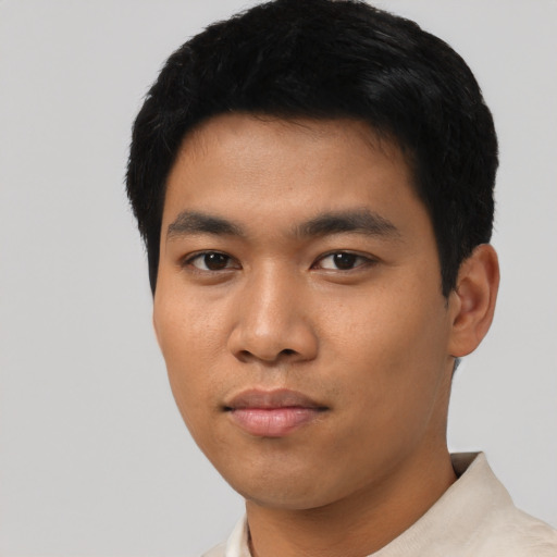 Neutral asian young-adult male with short  black hair and brown eyes