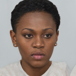 Neutral black young-adult female with short  brown hair and brown eyes