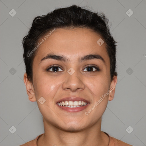 Joyful white young-adult female with short  brown hair and brown eyes