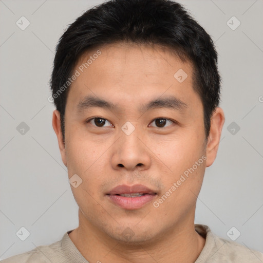 Neutral asian young-adult male with short  black hair and brown eyes