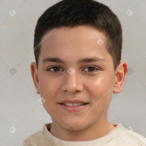 Joyful white child male with short  brown hair and brown eyes