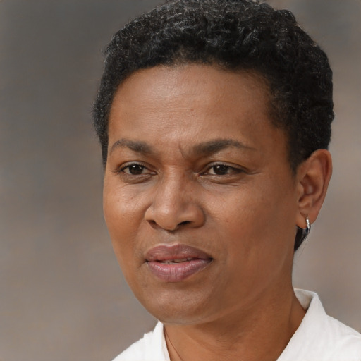 Joyful black adult female with short  black hair and brown eyes