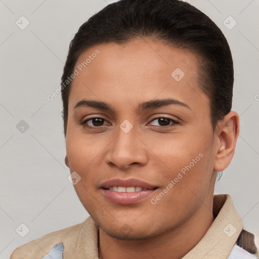 Joyful white young-adult female with short  brown hair and brown eyes