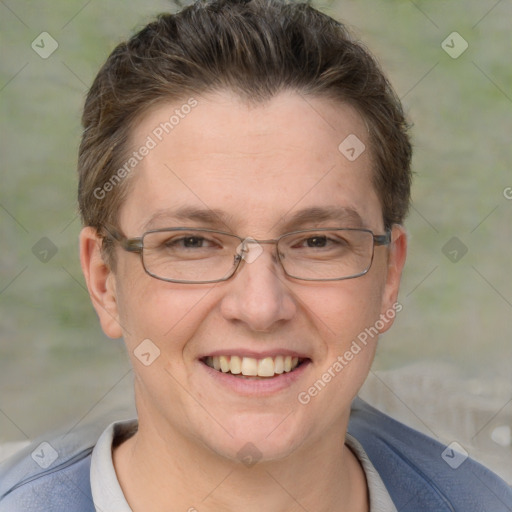 Joyful white adult female with short  brown hair and brown eyes