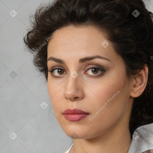 Neutral white young-adult female with medium  brown hair and brown eyes