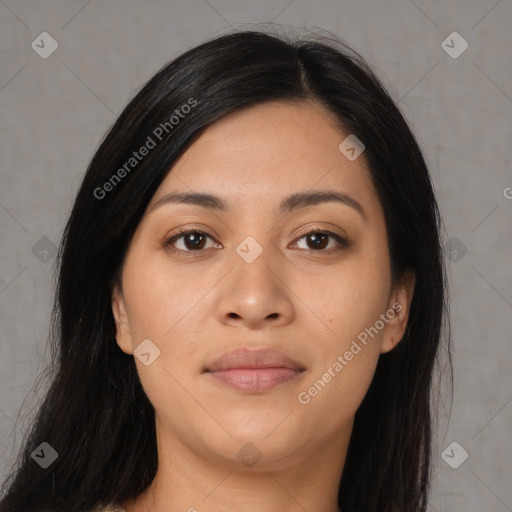 Joyful asian young-adult female with long  black hair and brown eyes