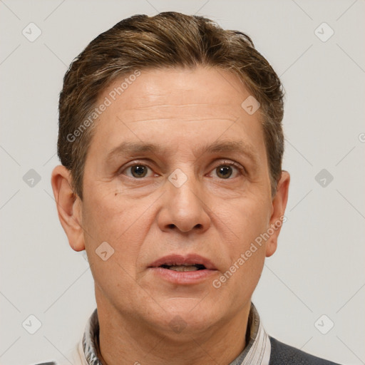 Neutral white adult male with short  brown hair and brown eyes