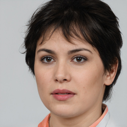 Neutral white young-adult female with medium  brown hair and brown eyes