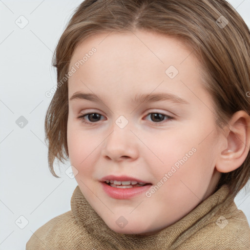 Joyful white child female with medium  brown hair and brown eyes