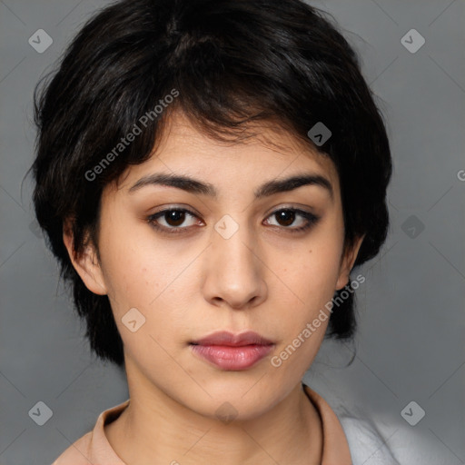 Neutral latino young-adult female with medium  brown hair and brown eyes