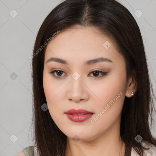 Neutral asian young-adult female with long  brown hair and brown eyes