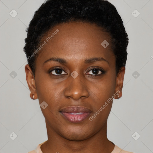 Neutral black young-adult female with short  black hair and brown eyes