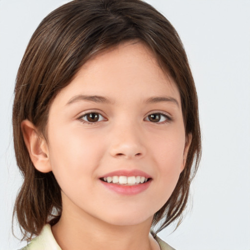 Joyful white child female with medium  brown hair and brown eyes