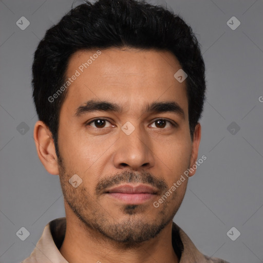 Neutral latino young-adult male with short  black hair and brown eyes