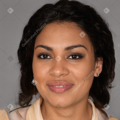 Joyful black young-adult female with long  brown hair and brown eyes