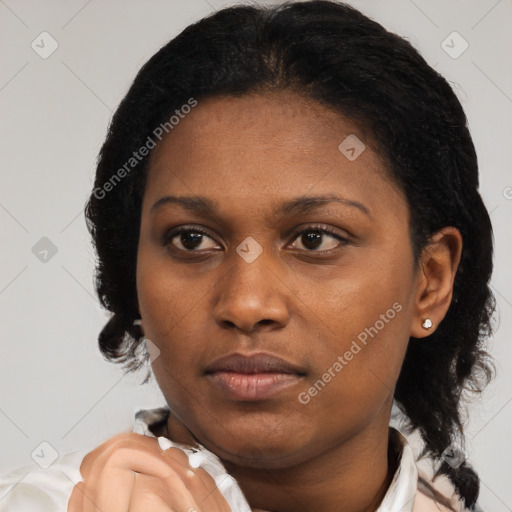 Neutral black young-adult female with short  black hair and brown eyes