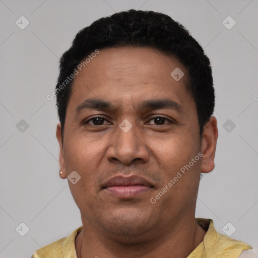 Joyful latino adult male with short  black hair and brown eyes