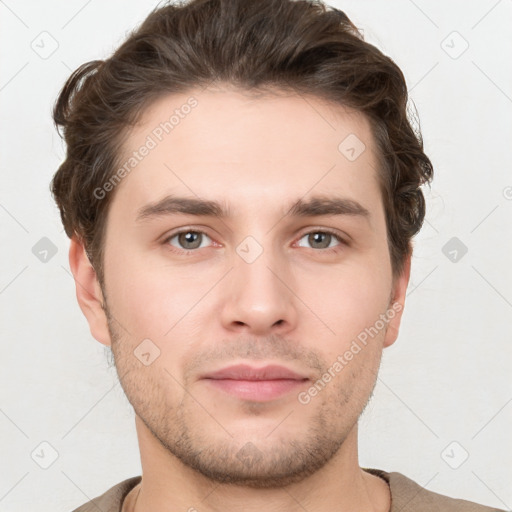 Neutral white young-adult male with short  brown hair and grey eyes