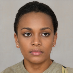 Neutral black young-adult female with short  black hair and brown eyes