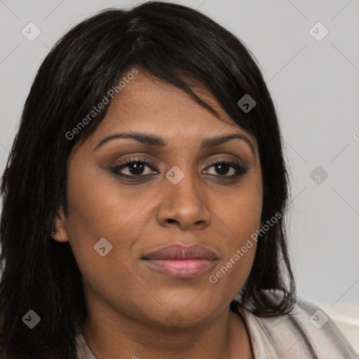 Joyful asian young-adult female with long  brown hair and brown eyes