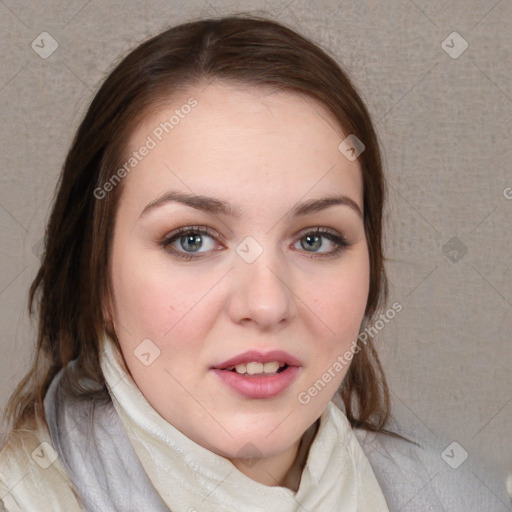 Joyful white young-adult female with medium  brown hair and blue eyes