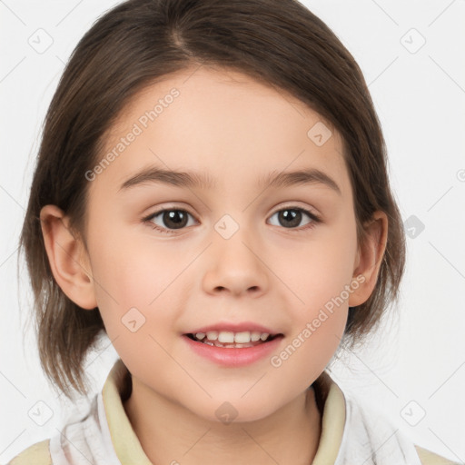 Joyful white child female with medium  brown hair and brown eyes