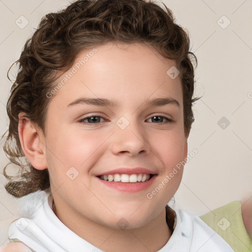 Joyful white child female with short  brown hair and brown eyes