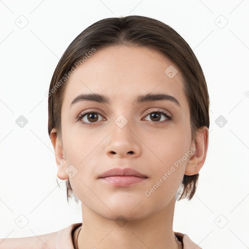 Neutral white young-adult female with short  brown hair and brown eyes