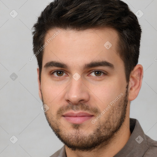 Neutral white young-adult male with short  brown hair and brown eyes