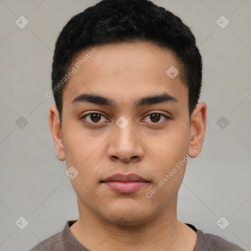 Neutral latino young-adult male with short  black hair and brown eyes